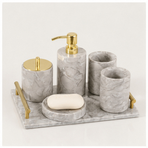 Ensemble d'accessoires de salle de bain en marbre gris vintage, distributeur de savon moderne en marbre, porte-brosse à dents et plateau de toilette avec poignées dorées - Product Image 1