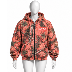 Coral Nature Print <b>Zip</b> Up <b>Hoodie</b> Mens Outdoor Style Hooded Sweatshirt with Drawstring Front <b>Pockets</b> Casual Winter Streetwear - Product Image 1