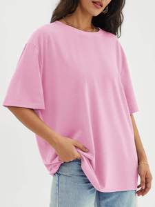 Camiseta Rosa Regular para Mujer, de Algodón, Hombros Caídos, Manga Corta, Cuello Redondo, Estilo Casual Urbano, Tela Suave y Transpirable, Personalizada de Alta Calidad - Product Image 2