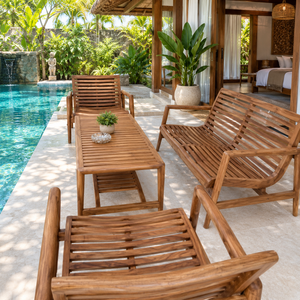 Teak Wood Weather Resistant 2-Seater Garden Set <b>Outdoor</b> Patio Furniture Slatted <b>Bench</b> Chair <b>Table</b> Modern Villa Balcony Seating - Product Image 4