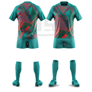 ชุดกีฬารักบี้แบบกำหนดเอง เสื้อเจอร์ซีย์พิมพ์ลาย กางเกงขาสั้น โพลีเอสเตอร์ 100% กันลม เป็นมิตรกับสิ่งแวดล้อม สำหรับสโมสรโรงเรียนและสถาบันฝึกอบรม - Product Image 1