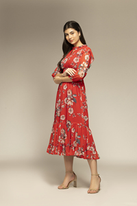 Vestido Maxi Casual para Mujer, Estampado Floral Rojo, Corte Holgado, para Uso Diario, Verano, Alta Demanda, Precio de Exportación - Product Image 3