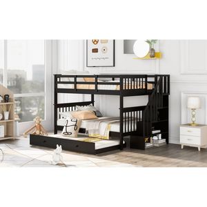 Letto a castello matrimoniale Espresso con letto estraibile singolo, contenitore e sponda di protezione per camera da letto, dormitorio, accesso via scale - Vecchio SKU LT000210AAP - Product Image 3