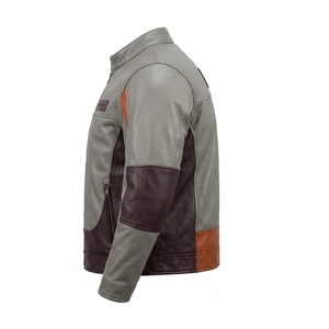 Chaqueta de Cuero Personalizada para Hombre en Gris y Marrón, con Hombreras Acolchadas Tricolor, Estilo Motero, de Cuero Vacuno Auténtico, Ropa de Calle, Venta al Por Mayor - Product Image 4