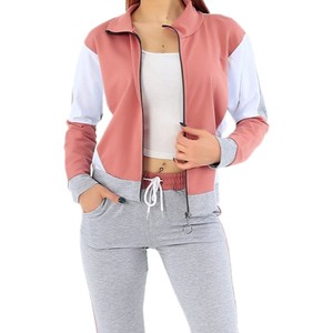 Women Color Block <b>Tracksuit</b> Full Sleeve Zipper Stand Collar Casual Sporty Gray Pink White Breathable Spring Wear - Product Image 6