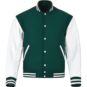 <b>Men's</b> Green <b>White</b> Varsity <b>Jacket</b> Casual Stand Collar Button Front Regular Fit Polyester Cotton Solid Color Autumn Wear - Product Image 1