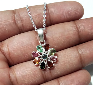 Colgante de Turmalina Multicolor Natural con Engaste de Bisel, Chapado en Plata, Plata de Ley 925, Collar con Cadena Unisex, Joyería - Product Image 5