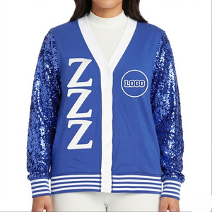<b>Custom</b> Royal Blue Knitted 100% Cotton Varsity Cardigan Sequin Sleeves Embroidery Letter V Neck Button Front Logo Greek Sweater - Product Image 4