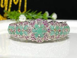 Vintage Emerald Tourmaline Rhodolite Bracelet Natural Gemstone Sterling <b>Silver</b> Jewelry Gift Women - Product Image 1