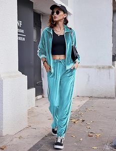 Conjunto Deportivo de Talla Grande para Mujer, Color Turquesa Sólido, con Cremallera Completa, Cordón Ajustable, Bolsillos Laterales, Transpirable, Informal, para Invierno - Product Image 1