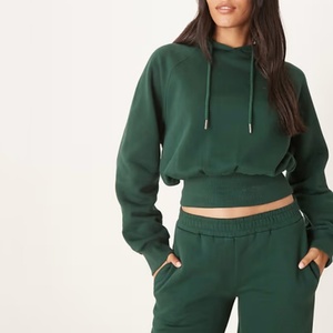 Sweat-shirt à capuche court vert pour femme, manches longues, couleur unie, tricoté en coton et fibre de bambou, idéal pour l'automne - Product Image 1