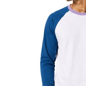 Custom <b>White</b> And Royal Blue Raglan Long Sleeve T Shirt Men Premium Cotton Crew Neck Graphic Baseball Tee Lavender Trim Custom - Product Image 3