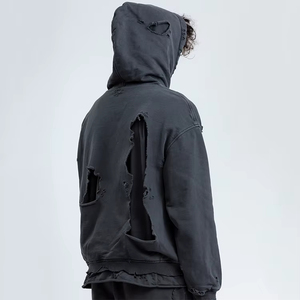 Men Custom Drop Shoulder Hoodies Heavy Weight Washed Distressed Men Hoodie Oversize 100% Cotton Pullover Hooded Sweatshirt - Product Image 5