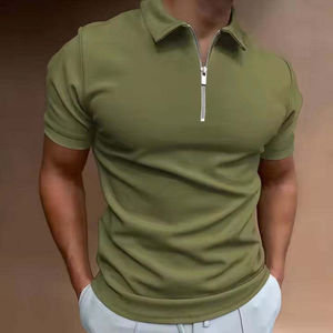 Camisa de Manga Corta para Hombre, Color Verde Oscuro, con Cierre, Cuello Camisero, Tejido de Punto, Color Sólido, Transpirable, 100% Algodón, para Invierno - Product Image 2
