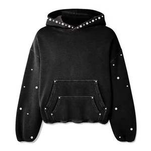 Sweat à capuche unisexe personnalisé, décontracté, automne, streetwear ODM, vintage, délavé à l'acide, avec poches, coupe longue et ample, en molleton 100% coton, orné de strass et de perles - Product Image 1