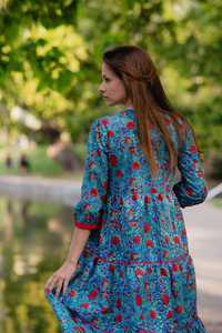Floral & Plaid Digital Printing V-Neck Midi Dress <b>Three</b> Quarter Sleeve Loose Fit Handmade ODM Casual Daily Summer Washable - Product Image 2