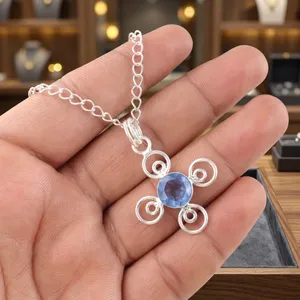 Collier pendentif en argent sterling 925 plaqué, avec tanzanite bleue taille ronde, bijou romantique pour homme et femme - Product Image 3