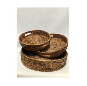 Superbe ensemble de 3 plateaux ronds en rotin de différentes tailles pour la piscine, pour ranger les snacks et les boissons, style bohème, à prix avantageux - Product Image 3