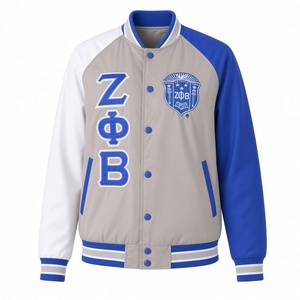 เสื้อแจ็คเก็ตบอมเบอร์สีเทาสำหรับผู้หญิง Zeta Phi Beta พร้อมซับในพิมพ์ลาย สีน้ำเงินรอยัลและสีขาว แขนเสื้อแบบแร็กแลน ปักตัวอักษรกรีกด้วยไหมเชนีล ติดกระดุมแป๊ก - Product Image 1