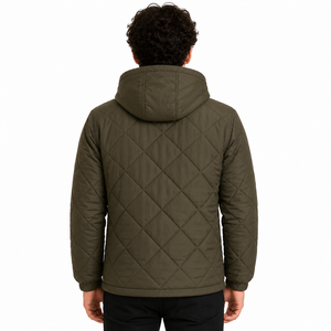 Blouson matelassé léger à capuche pour homme, vert olive, isolé, avec fermeture éclair intégrale, pour l'hiver, décontracté, d'extérieur, motif losanges - Product Image 3
