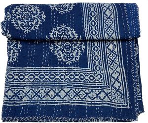 Hand Block Printed Kantha <b>Quilt</b> Blue Cotton Traditional Indian Stitched Eco-Friendly Wedding Hotel Folded Home Decor <b>Throw</b> Cover - Product Image 4