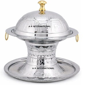 Bol de service en acier inoxydable poli avec couvercle, design arabe traditionnel fait main, plat de mariage, compatible lave-vaisselle - Product Image 1