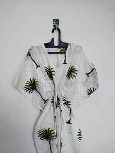 Robe kaftan indienne en coton faite à la main, légère, pour la plage, imprimé palmiers - Product Image 2