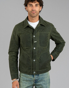 Chaqueta de Mezclilla Encerada Verde Oliva para Hombre, Corte Regular, Color Sólido, Cierre de Botones, Estilo Utilitario, Detalles de Costuras, Ropa de Otoño - Product Image 1