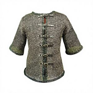 Camisa de malla de acero dulce hecha a mano con anillos planos remachados, acabado natural con ribete de cuero, armadura histórica para cosplay - Product Image 1