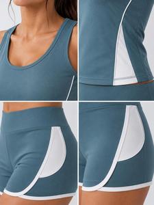 Women's 2 Piece Yoga Set Racerback <b>Crop</b> <b>Top</b> High Waist Shorts Solid Color Contrast Binding Breathable Spandex Sport Wear - Product Image 4