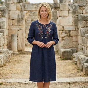 Robe midi en lin et coton brodée de fleurs pour femmes, élégante, bohème, ethnique, décontractée, manches 3/4, col rond, coupe évasée, kurti d'été - Product Image 3