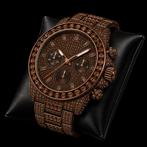 Reloj Cronógrafo Marrón con Incrustaciones de Diamantes, Bisel con Piedras Baguette, Brazalete Completamente Pavé, Diseño de Reloj de Pulsera de Lujo para Hombre - Product Image 3