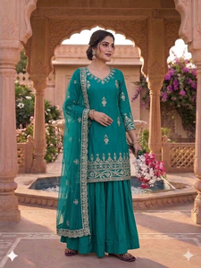 Ensemble Sharara pakistanais en crêpe vert sarcelle, entièrement cousu, avec broderie de sequins, Lehenga et Dupatta en tulle, prêt-à-porter - Product Image 2