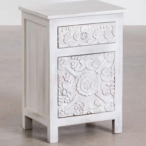 <b>White</b> Washed Wooden Nightstand Carved Door Side <b>Table</b> Bedroom <b>End</b> <b>Table</b> Accent Cabinet - Product Image 1