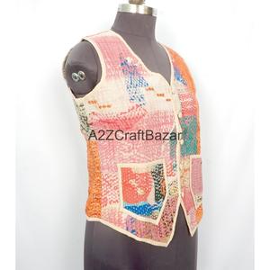 100% Cotton Breathable Printed Logo <b>Kantha</b> Quilted V-neck Waistcoat Women Handmade Unique Spring Summer Autumn Winter Sleeveless - Product Image 3