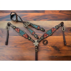 Cabezada de Cuero Hecha a Mano con Diseño Multicolor, Collarín y Riendas a Juego, Conjunto de Equipo Ecuestre Personalizado y Duradero - Product Image 3