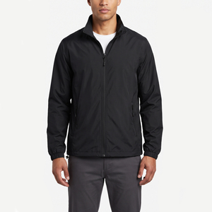 Chaqueta de hombre negra a prueba de viento, estilo racer, corte regular, cuello alto, con cremallera, ligera, para primavera. - Product Image 1