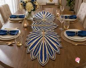 Handmade Beaded Leaf <b>Table</b> <b>Runner</b> 13x36, Blue Floral <b>Table</b> Decoration, Luxury Decorative <b>Table</b> <b>Runner</b>, Dining <b>Table</b> <b>Runner</b>, - Product Image 3