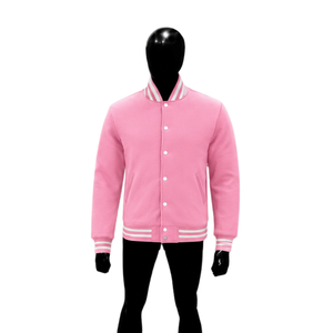 Chaqueta Varsity Premium de Lana Rosa para Hombre y Mujer, Chaqueta de Béisbol Personalizada con Letras, Cuello, Puños y Dobladillo Ribeteados con Rayas Blancas - Product Image 1