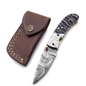 Couteau pliant en acier Damas avec manche en résine violette, couteau de poche pour la chasse, le camping et les activités de plein air, fabriqué en usine - Product Image 4