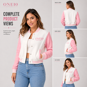 Blouson universitaire pour femme blanc et rose, manches longues bouffantes, col montant, respirant, léger, mélange polyester-coton, bordure côtelée - Product Image 2