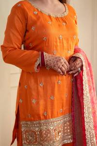 Traje Palazzo de Seda Georgette Naranja OEM a Precio de Fábrica, Ropa Étnica Tradicional India, Traje Salwar Kameez Bordado a Mano - Product Image 3