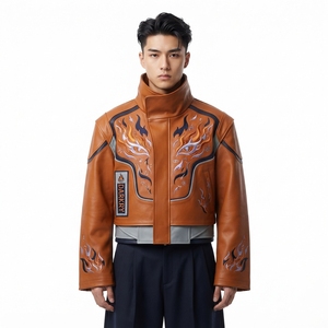 Chaqueta de Cuero Color Coñac para Hombre, con Bordado de Ojo de Fuego, Cuello Alto, Estilo Motero, Racer, Bomber, Ropa de Calle - Product Image 1