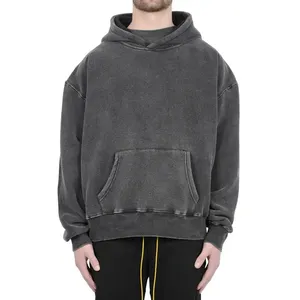 Custom Acid Wash Knit Oversized Hoodie Distressed Pullover No <b>String</b> Heavyweight Unisex Boxy <b>Black</b> Acid Wash Oversized Men - Product Image 1
