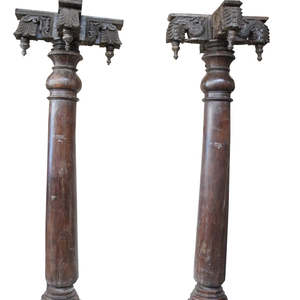 Haswani Handicrafts Antique Hand Carved Wooden South <b>Pillar</b> With Stone Base - Product Image 1
