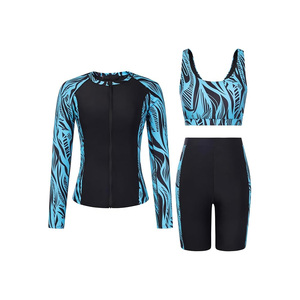 Ensemble de maillot de bain 3 pièces pour femmes, manches longues, fermeture éclair sur le devant, séchage rapide, imprimé, motif Paisley noir et blanc - Product Image 3