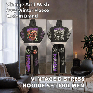 Ensemble de survêtement décontracté OEM de haute qualité avec sweat à capuche et pantalon évasé vintage délavé à l'acide pour homme, 100 % coton molletonné, personnalisable - Product Image 3