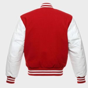 แจ็คเก็ตเบสบอลทรงบอมเบอร์ ตัวเสื้อผ้าสีแดง แต่งแขนหนังสีขาว - Product Image 2