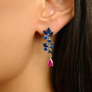 Boucles d'oreilles pendantes artisanales en argent sterling 925 avec saphir bleu et rubis, sertissage à griffes, bijoux fins - Product Image 2