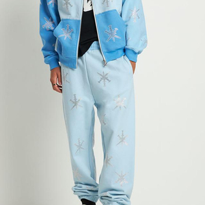 Ensemble de survêtement unisexe crème à capuche et fermeture éclair, manches longues, imprimé géométrique, coupe ample, respirant, avec strass, pour l'automne - Product Image 4